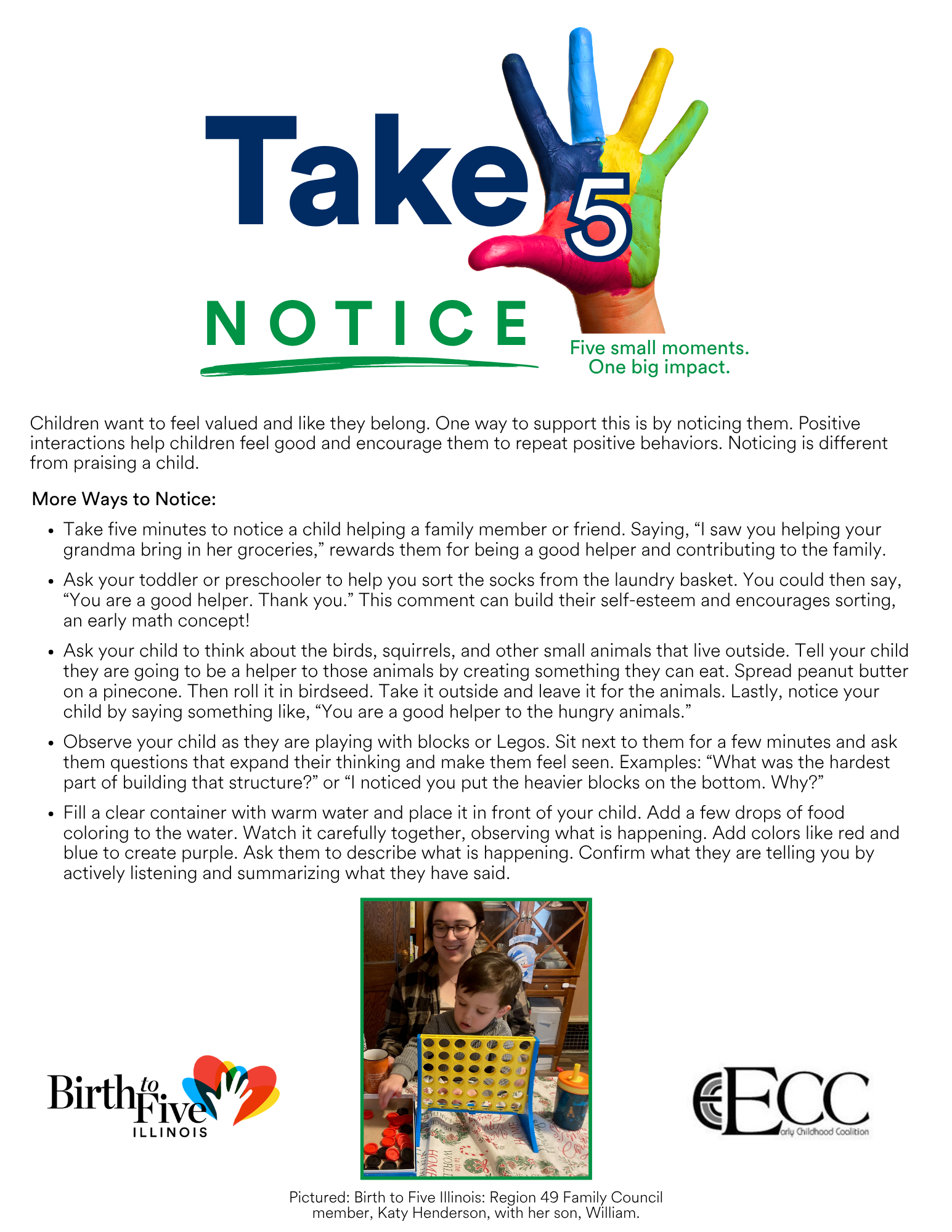 Image of Take 5: Notice flyer with examples of how caregivers can take 5 to pause and interact with their child/children.