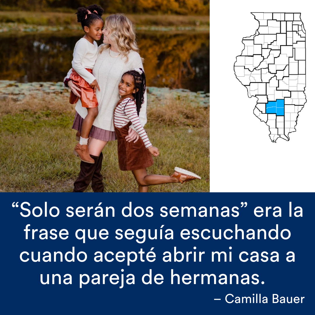 Una imagen de un adulto sonriendo con dos niños.  Una cita de la historia se encuentra al final. El mapa de Illinois con una región resaltada en azul está a la derecha.