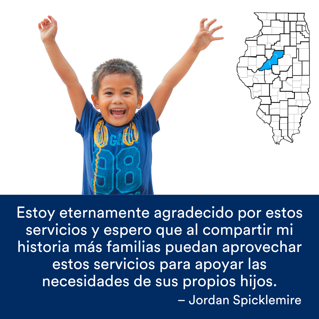 Un niño sonriendo con sus brazos en el aire. Una cita de la historia se encuentra al final. El mapa de Illinois con una región resaltada en azul está a la derecha.