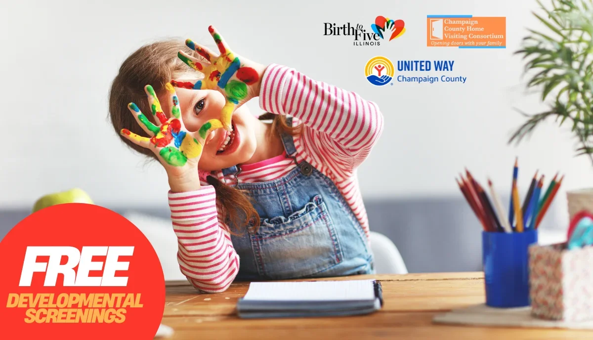 An advertisement for free developmental screenings. There is a photo of a child with paint on their hands. The logo from each participating organization is also included.