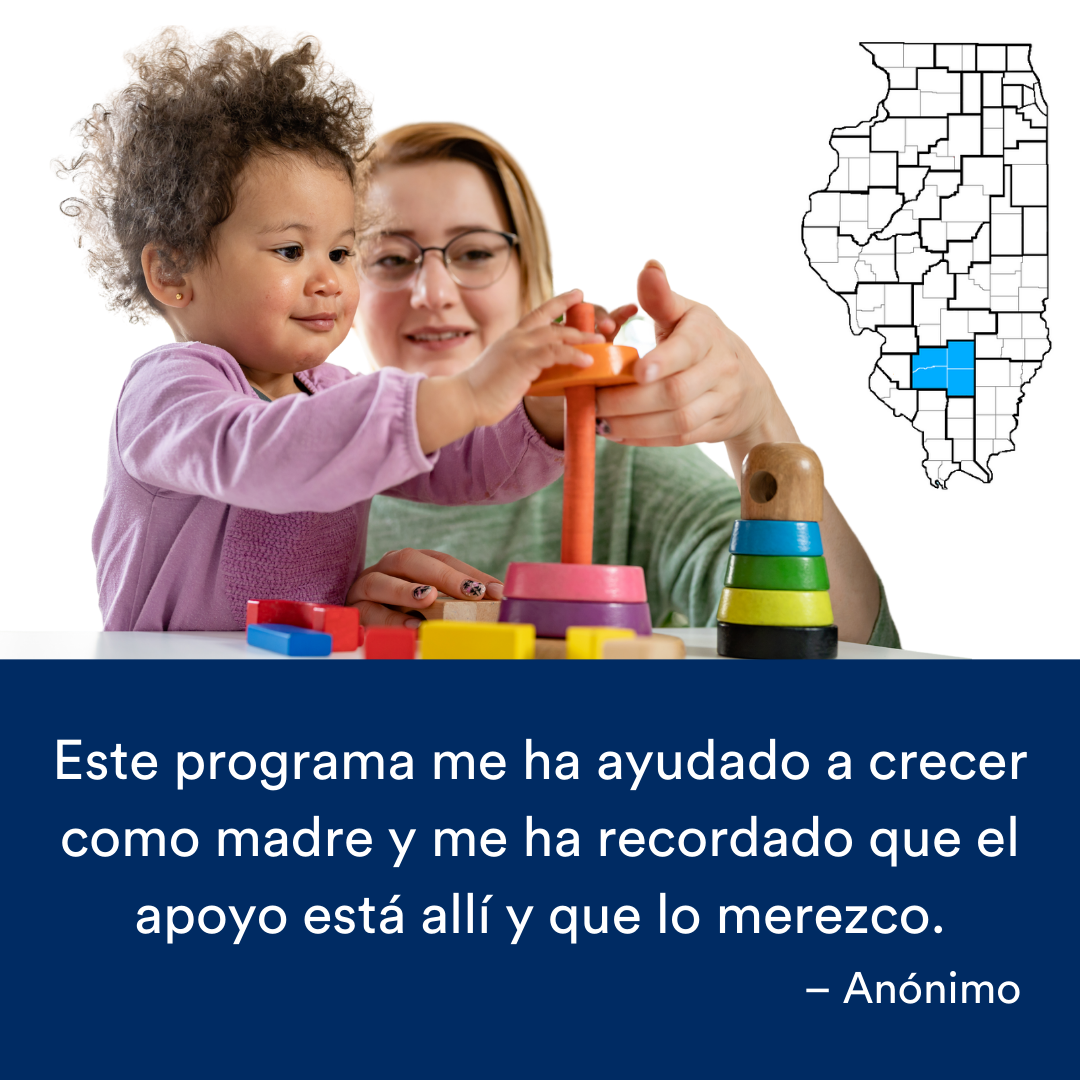 Una niña y una adulta juegan con un juguete apilable.  Una cita de la historia se encuentra al final. El mapa de Illinois con una región resaltada en azul está a la derecha.