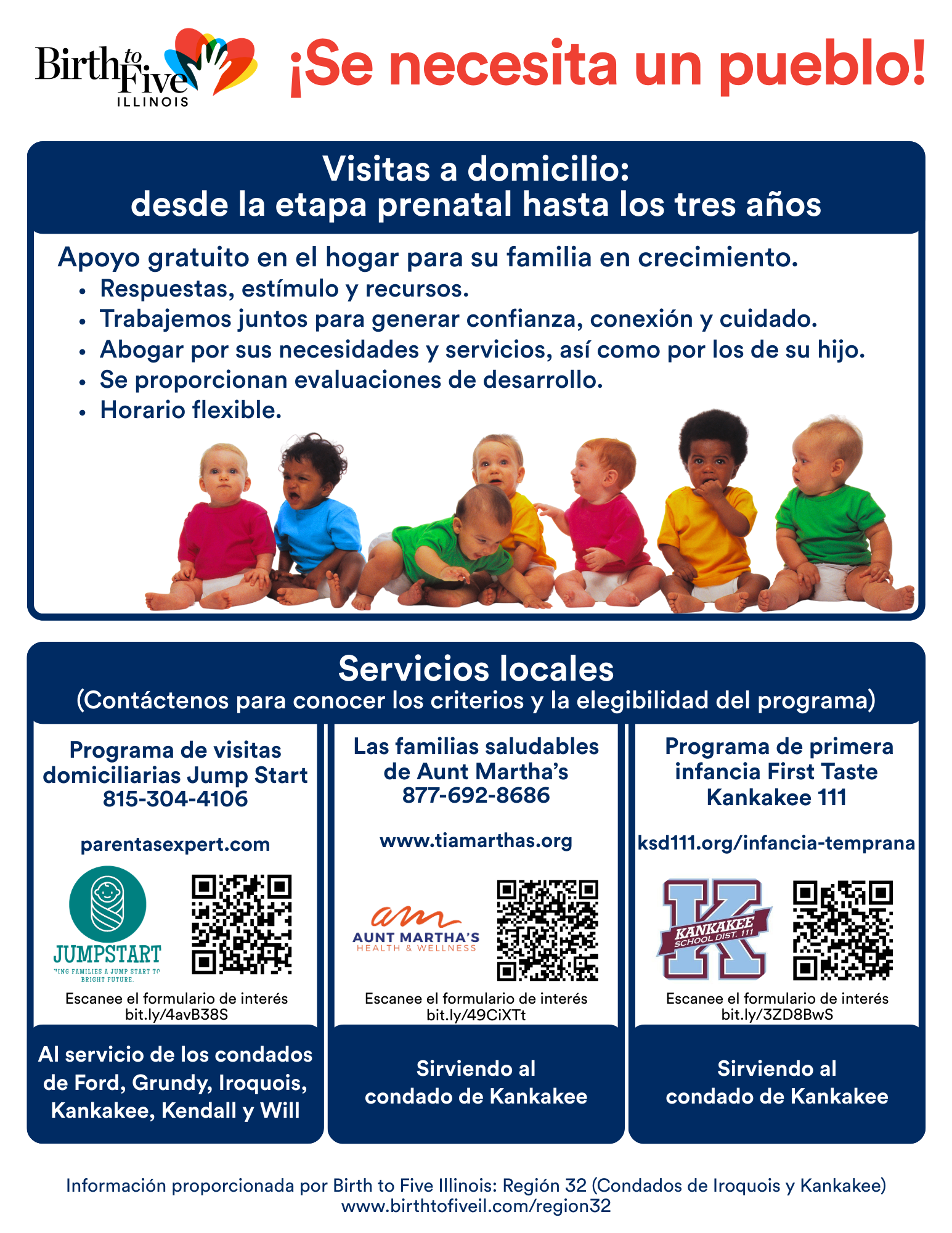 Folleto de It Takes a Village que describe los recursos de visitas domiciliarias para niños desde la etapa prenatal hasta los tres años.