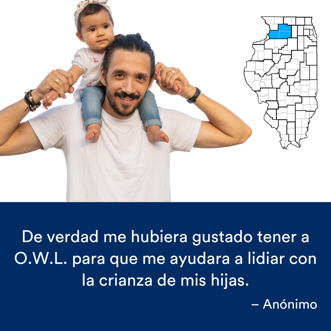 Un padre con una niña sobre sus hombros. Una cita de la historia se encuentra al final. El mapa de Illinois con una región resaltada en azul está a la derecha.