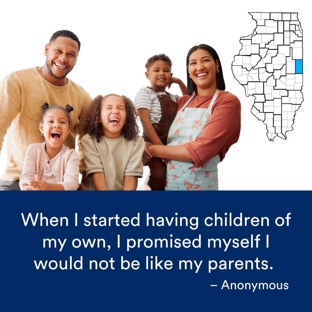 A family of five smiling and laughing at the camera. A quote from the story is at the bottom. The Illinois map with a Region highlighted in blue is to the right.