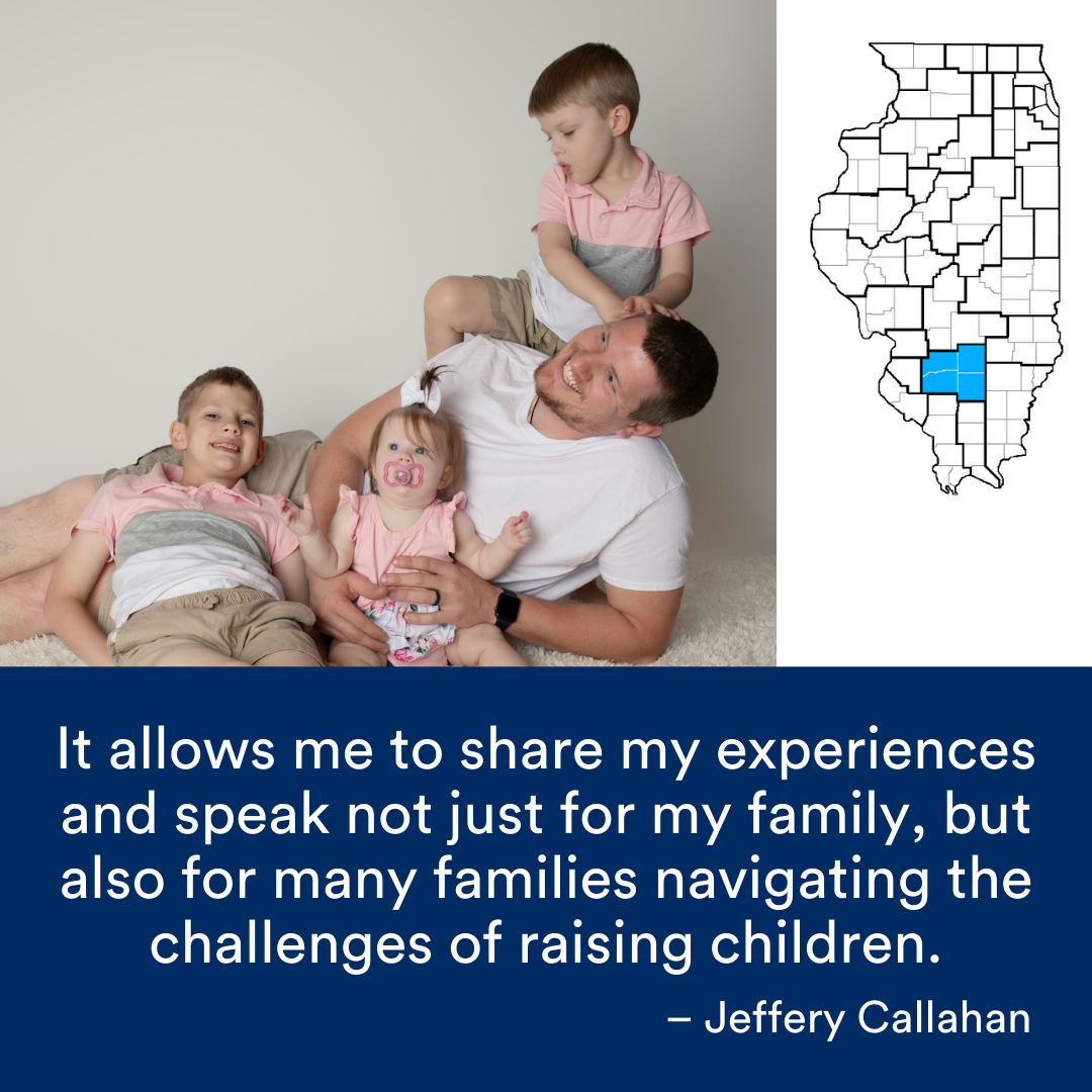 A father and his three children pose for a picture. A quote from the story is at the bottom. The Illinois map with a Region highlighted in blue is to the right.