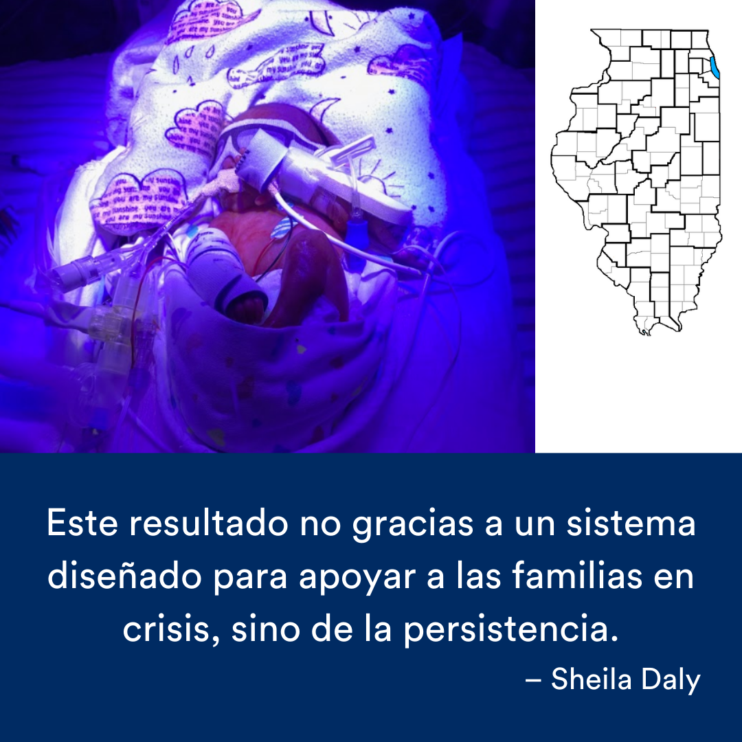 Un bebé prematuro con tubos de soporte vital. Una cita de la historia se encuentra al final. El mapa de Illinois con una región resaltada en azul está a la derecha.