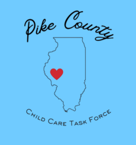 Pike County CCTF logo. Image of outline of Illinois with red heart icon indicating Pike County.