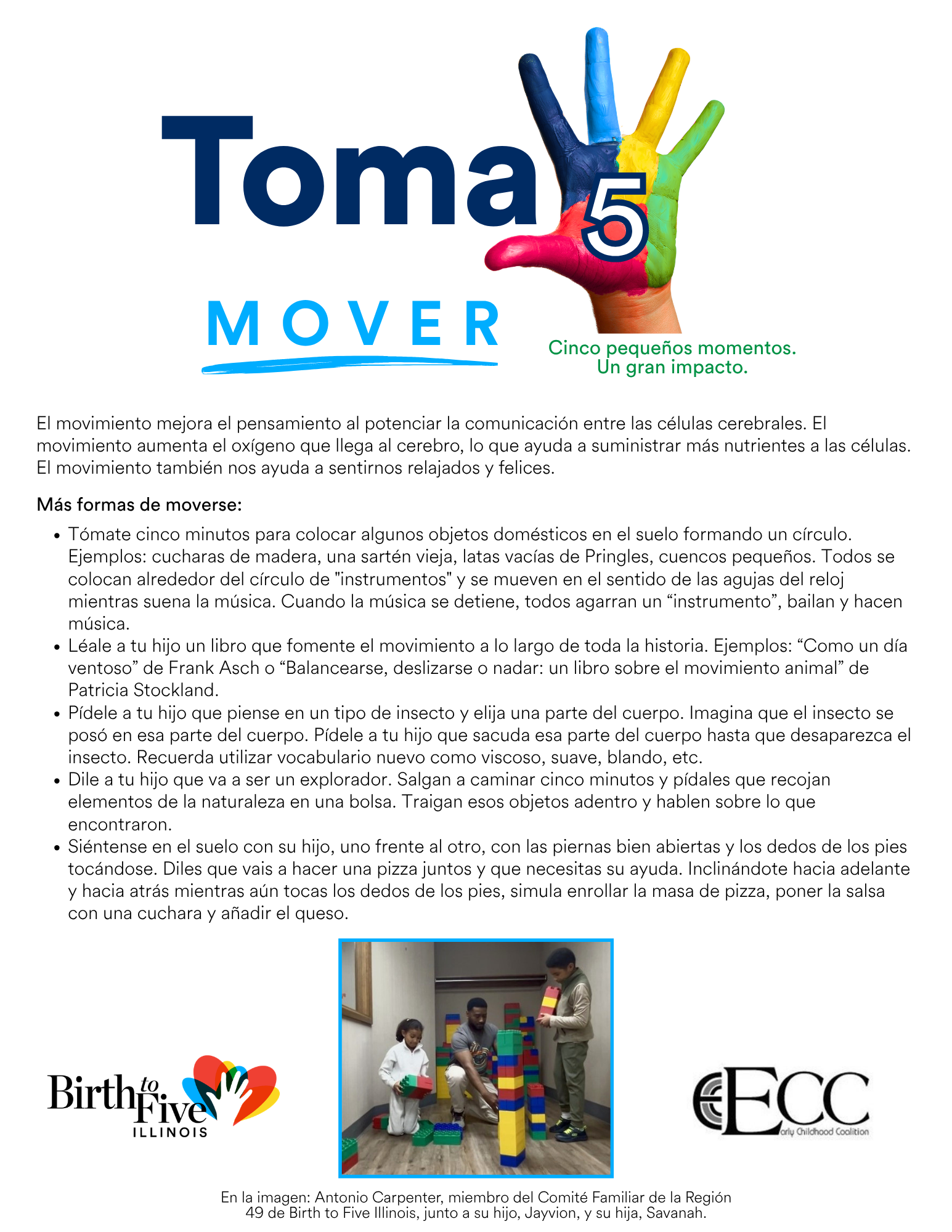 Imagen del folleto Toma 5: Mover, con ejemplos de cómo los cuidadores pueden dedicar 5 minutos a moverse con sus hijos.