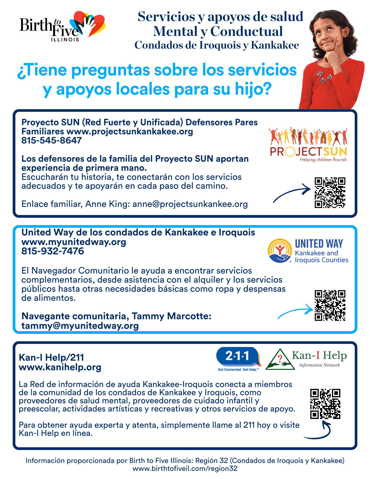 Folleto de apoyo a la salud mental y conductual para los condados de Iroquois y Kankakee.