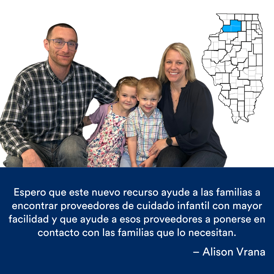 Una familia de cuatro personas está sentada y sonríe a la cámara. Una cita de la historia se encuentra al final. El mapa de Illinois con una región resaltada en azul está a la derecha.