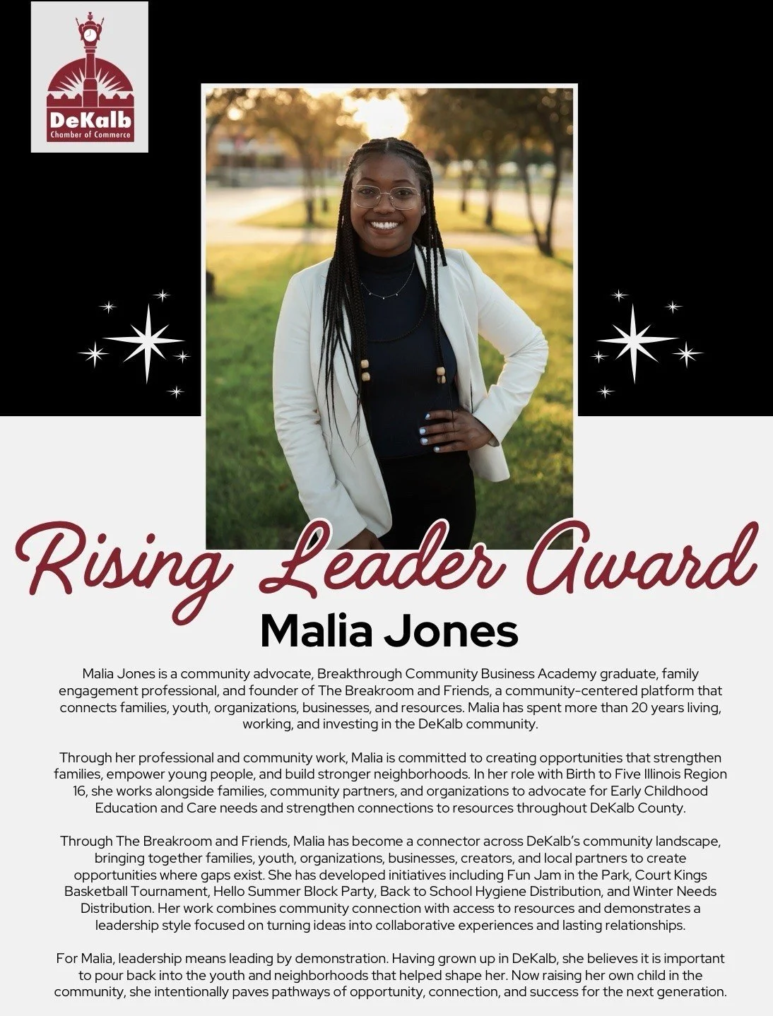 Image of Malia Jones, recipient of the Rising Leader Award, with a description of her success in the DeKalb community.