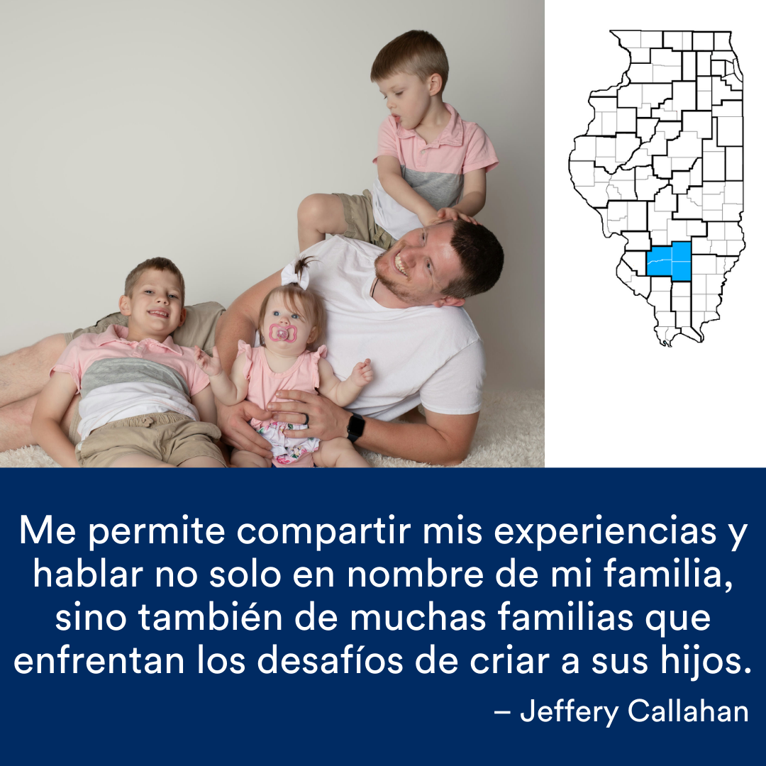 Un padre y sus tres hijos posan para una foto. Una cita de la historia se encuentra al final. El mapa de Illinois con una región resaltada en azul está a la derecha.