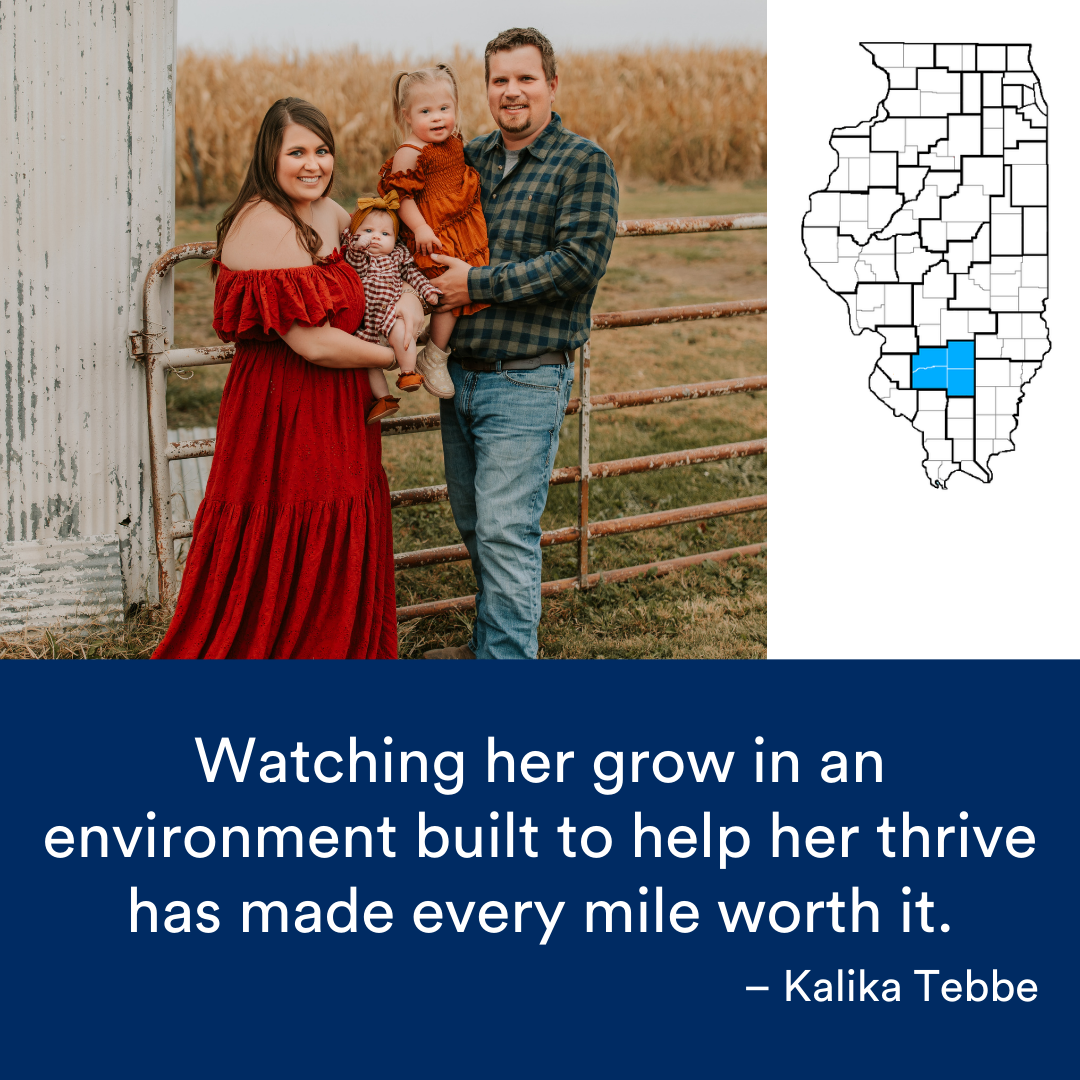 A family four taking a picture in the countryside. A quote from the story is at the bottom. The Illinois map with a Region highlighted in blue is to the right.