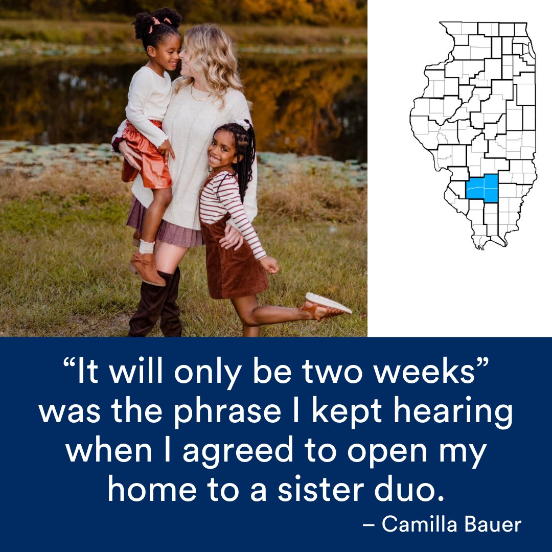 A picture of a smiling adult with two children. A quote from the story is at the bottom. The Illinois map with a Region highlighted in blue is to the right.