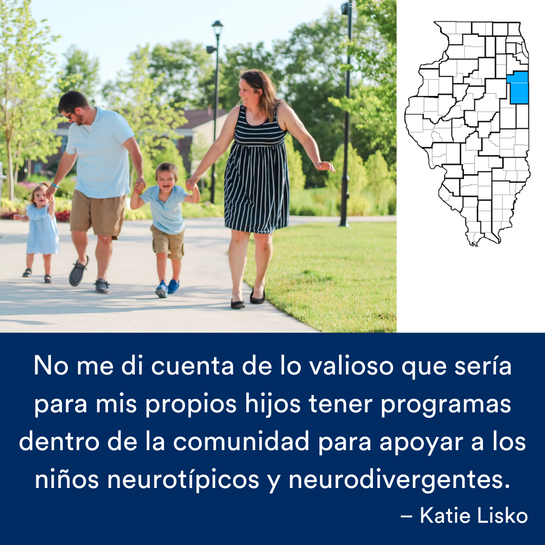 Una foto de dos adultos y dos niños tomados de la mano caminando al aire libre. Una cita de la historia se encuentra al final. El mapa de Illinois con una región resaltada en azul está a la derecha.