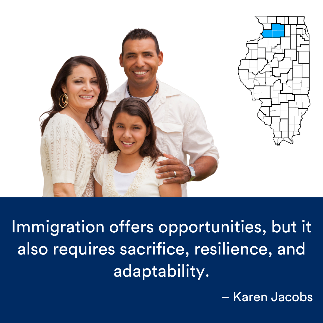 A family of three smiling together. A quote from the story is at the bottom. The Illinois map with a Region highlighted in blue is to the right.