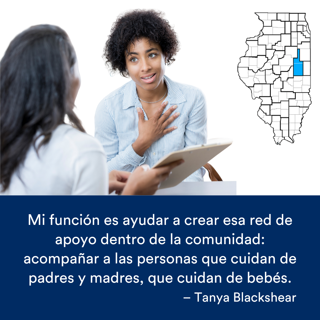 Una persona sosteniendo un portapapeles y hablando con otra persona. Una cita de la historia se encuentra al final. El mapa de Illinois con una región resaltada en azul está a la derecha.
