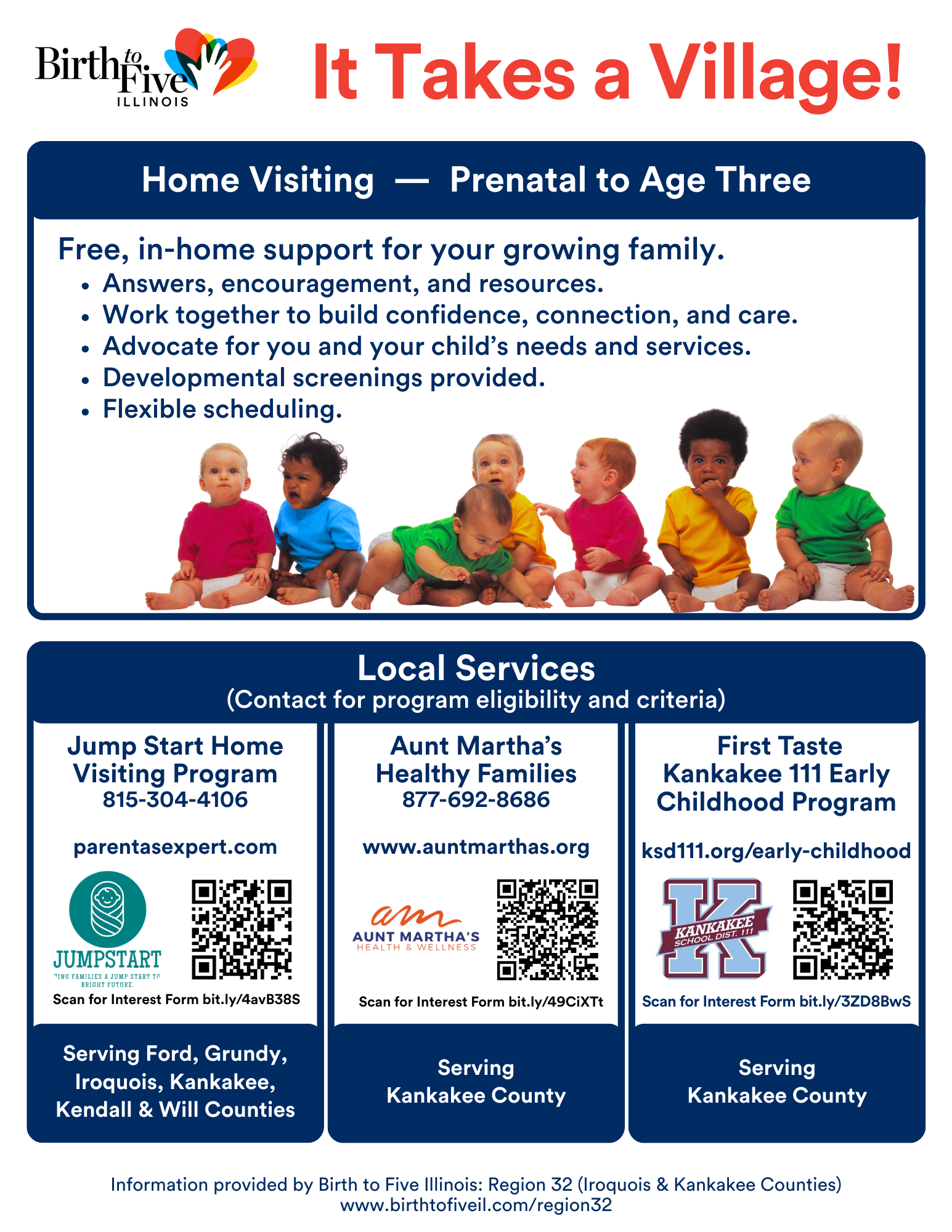 It Takes a Village Flyer outlining home visiting resources for children prenatal through age three.