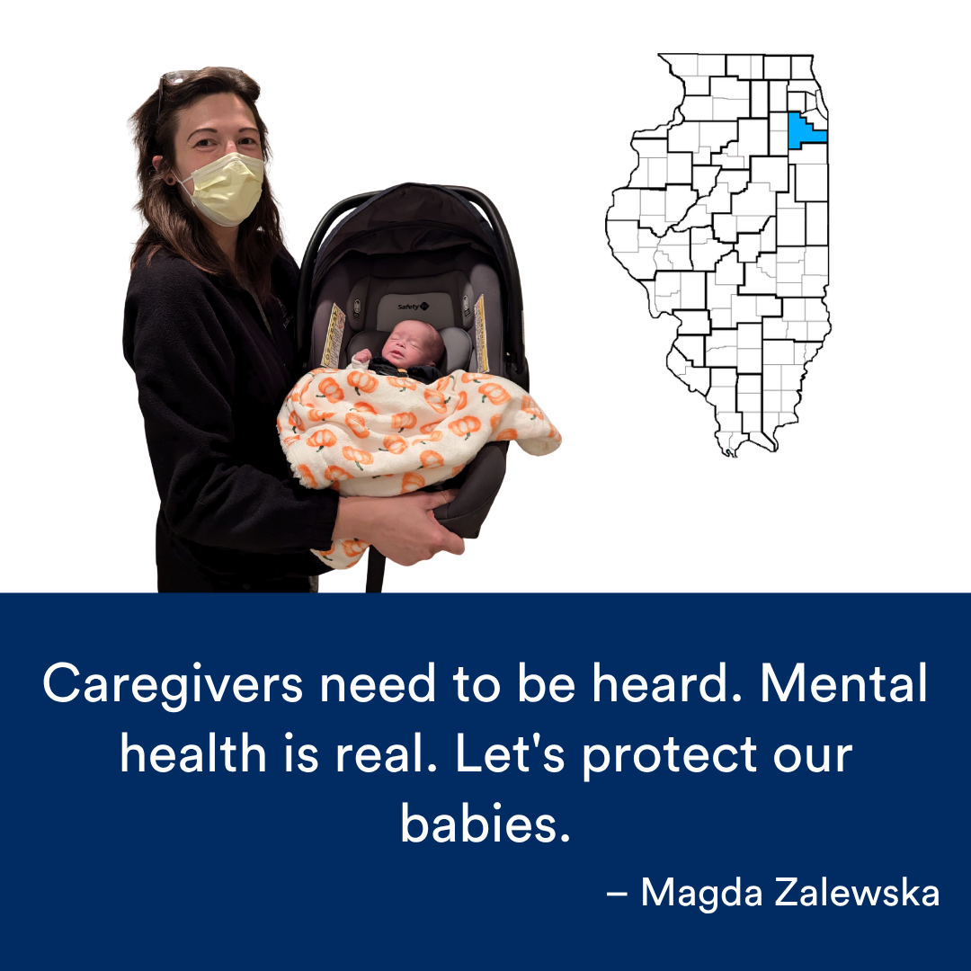 A mother holding a baby that is in a carseat. A quote from the story is at the bottom. The Illinois map with a Region highlighted in blue is to the right.