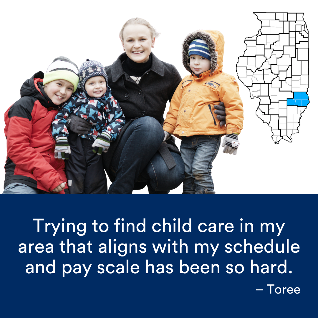 An image of a mother with three young boys in winter attire. A quote from the story is at the bottom. The Illinois map with a Region highlighted in blue is to the right.