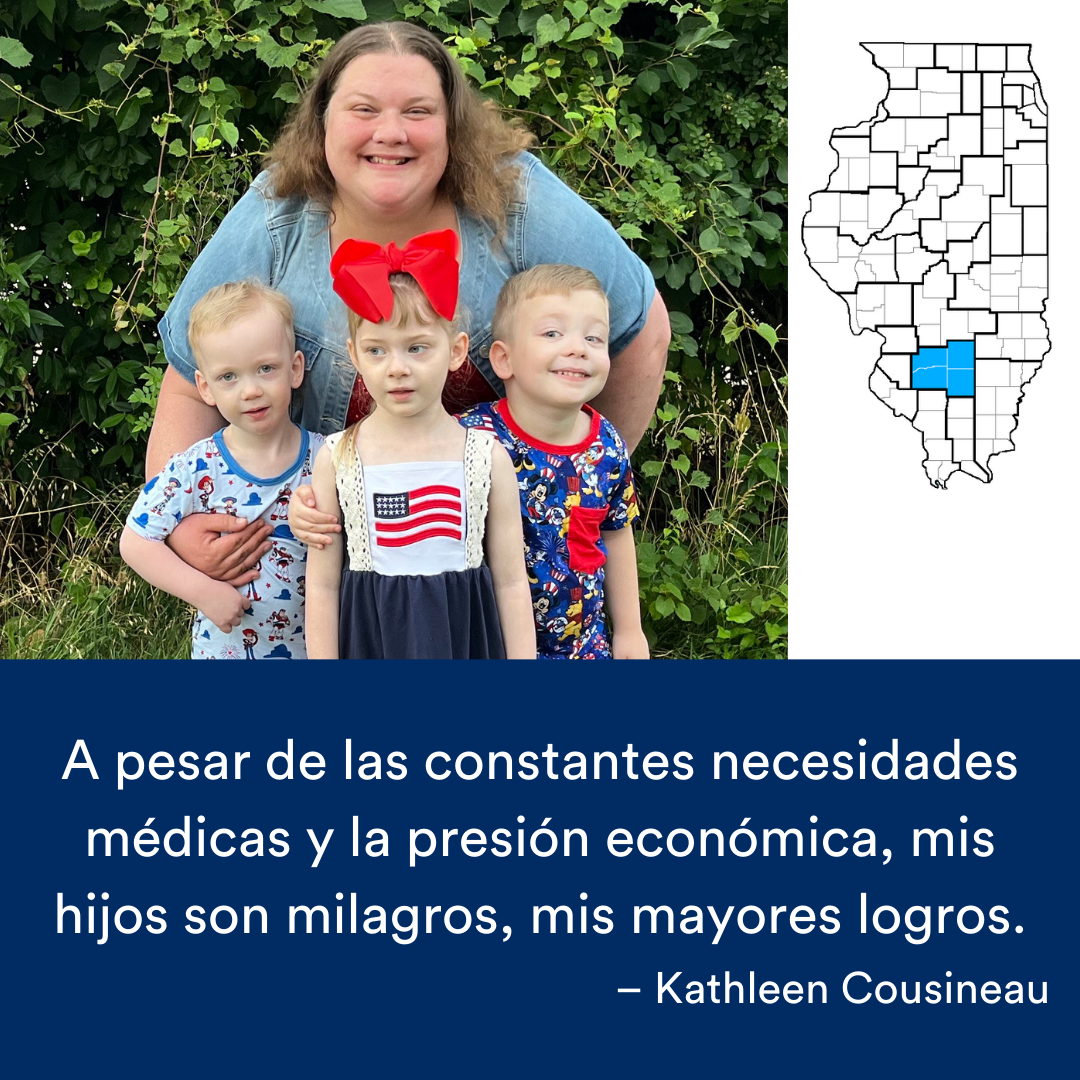 Una fotografía de una adulta abrazando a tres niños. Una cita de la historia se encuentra al final. El mapa de Illinois con una región resaltada en azul está a la derecha.