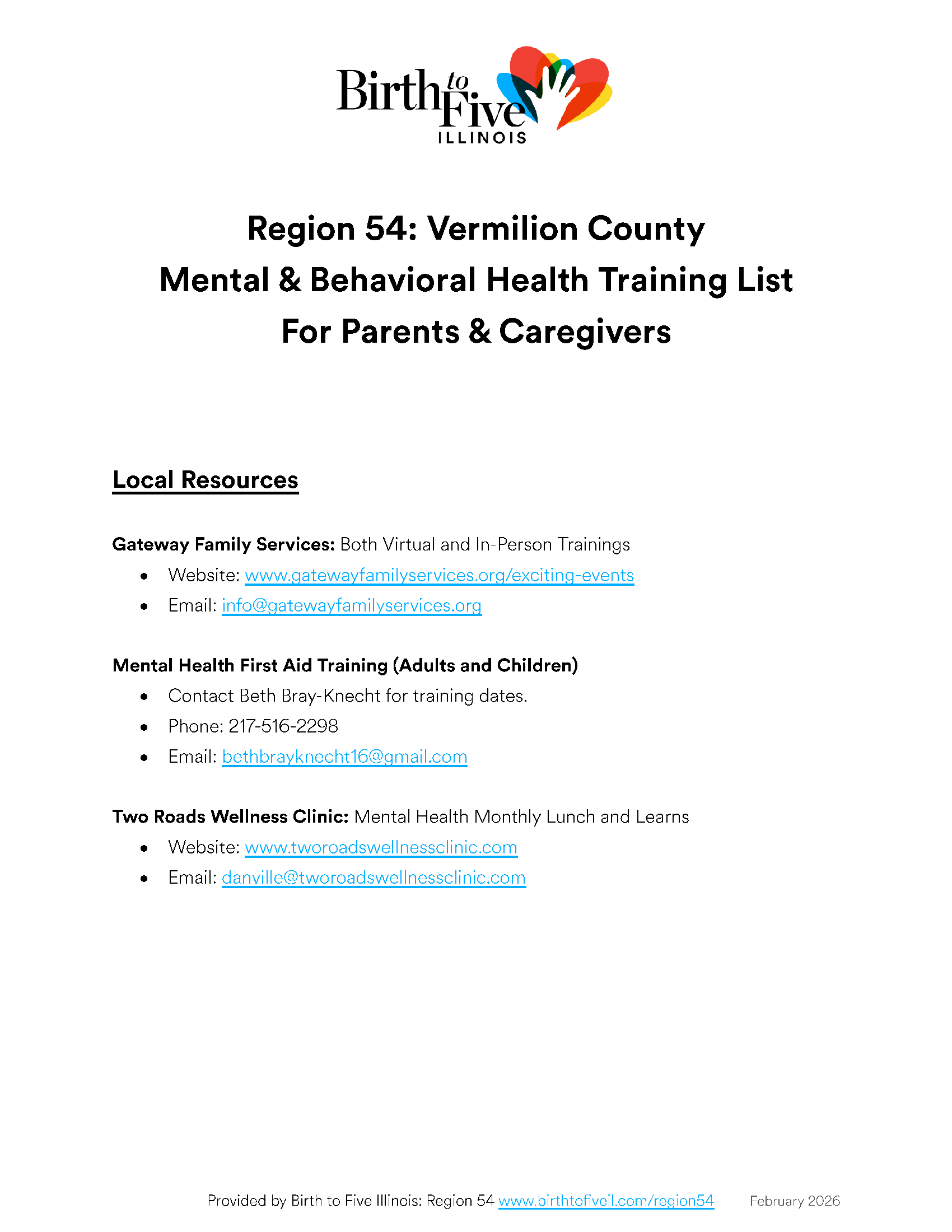 Image of the front page of the Mental & Behavioral Health Training List for Parents & Caregivers.