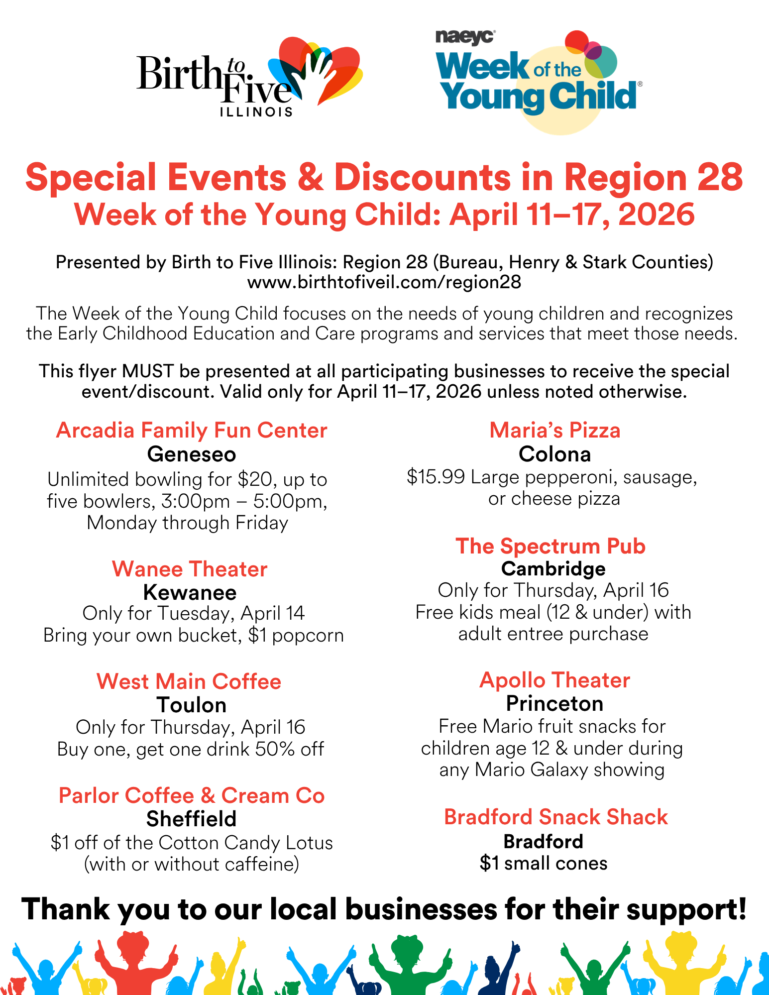 Image of Birth to Five Illinois flyer highlighting all the WOTYC events being held between April 11-17 in Bureau, Henry, and Stark Counties.