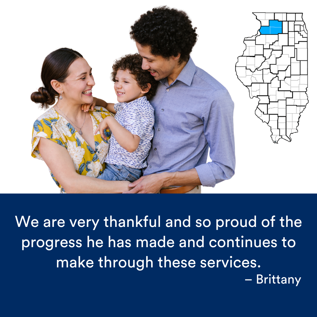 A family of three hugging. A quote from the story is at the bottom. The Illinois map with a Region highlighted in blue is to the right.