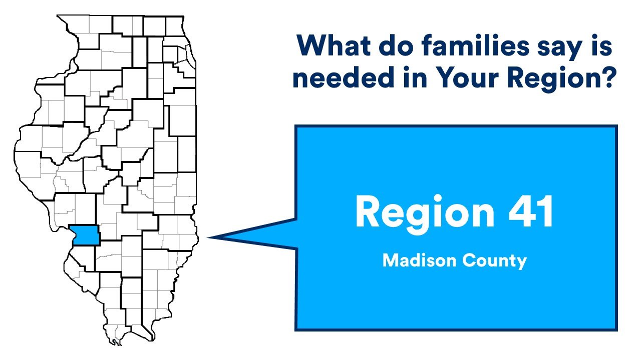 Image of Illinois with Region 41 highlighted. Text, “What do families say in needed in your Region?”