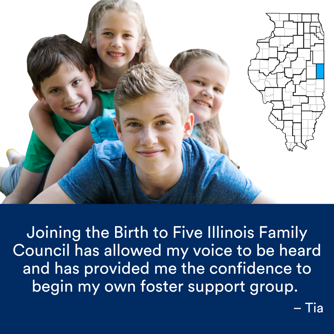 A photo of four smiling children. A quote from the story is at the bottom. The Illinois map with a Region highlighted in blue is to the right.