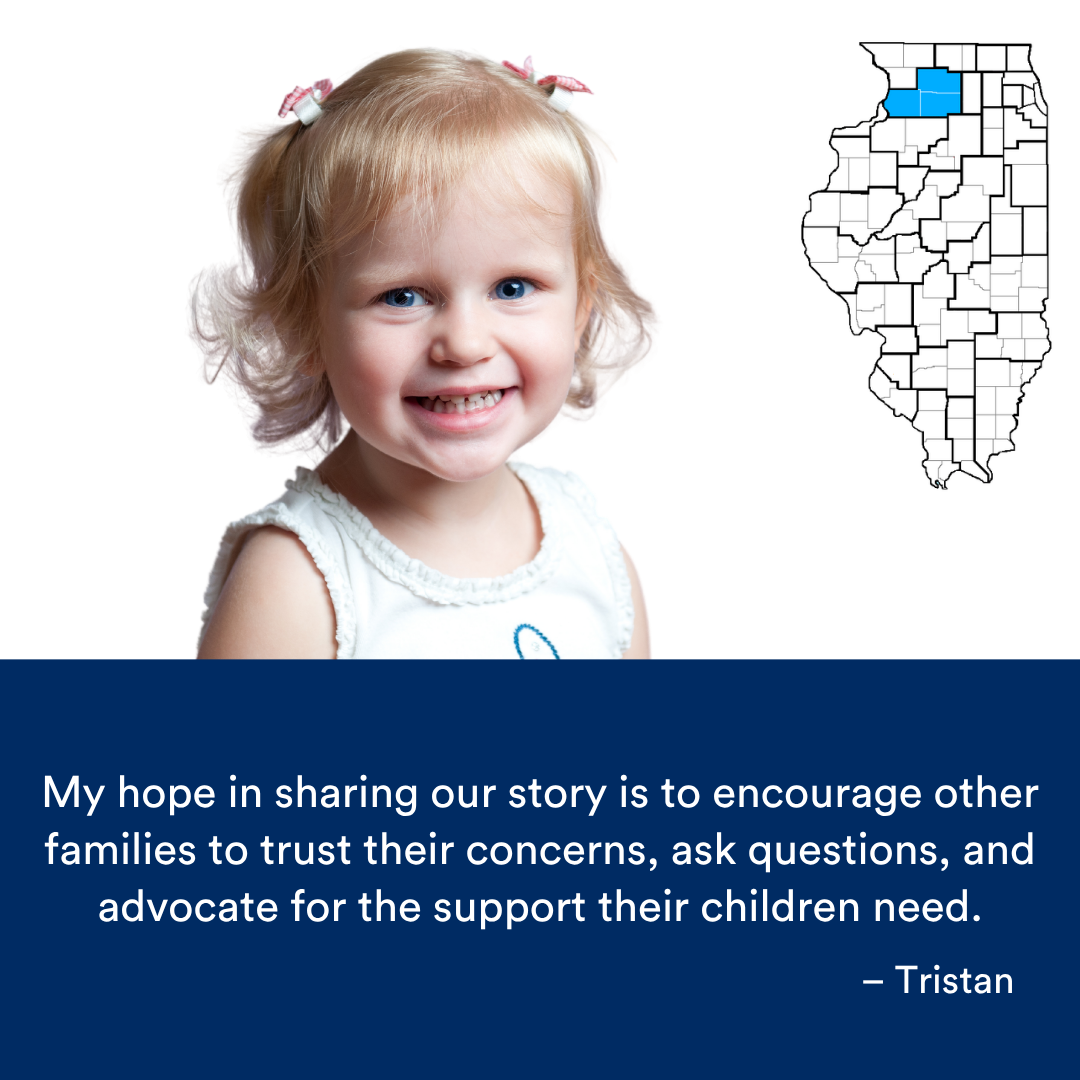 A blond child smiling with her teeth towards the camera. A quote from the story is at the bottom. The Illinois map with a Region highlighted in blue is to the right.