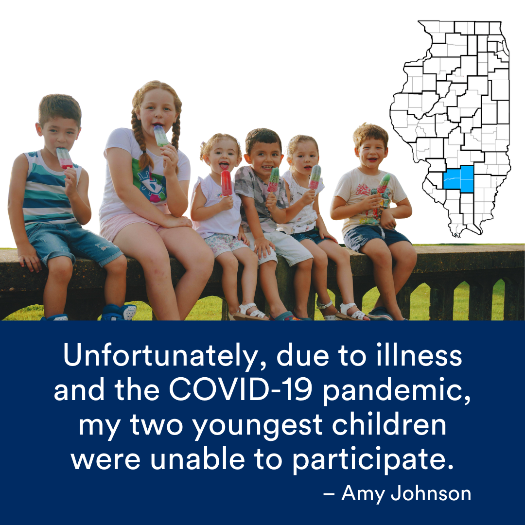 An image of six children sitting on a fence and licking popsicles. A quote from the story is at the bottom. The Illinois map with a Region highlighted in blue is to the right.