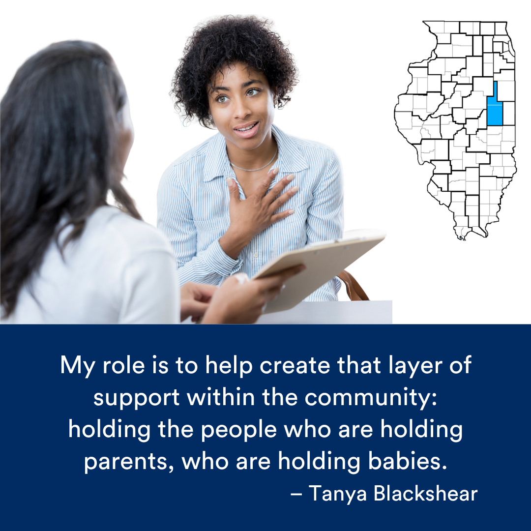A person holding a clipboard and talking to another person. A quote from the story is at the bottom. The Illinois map with a Region highlighted in blue is to the right.