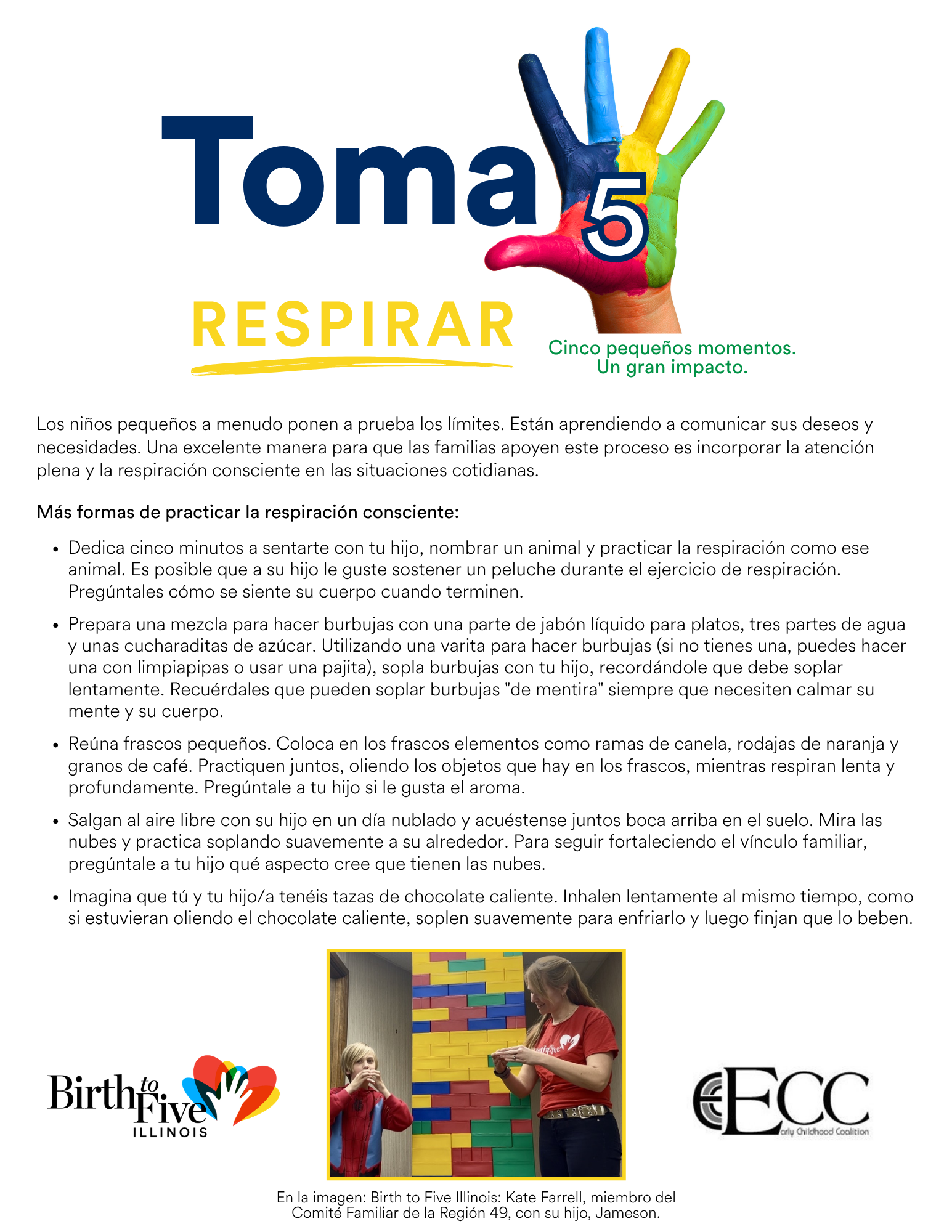 Imagen del folleto Toma 5: Respirar con ejemplos de cómo los cuidadores pueden tomarse 5 minutos para hacer una pausa y respirar con sus hijos.