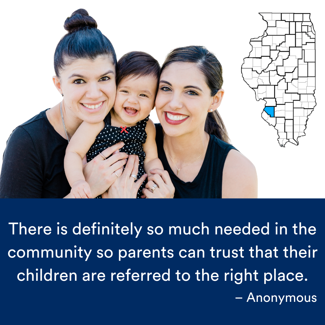 Two adults smiling and holding a baby. A quote from the story is at the bottom. The Illinois map with a Region highlighted in blue is to the right.