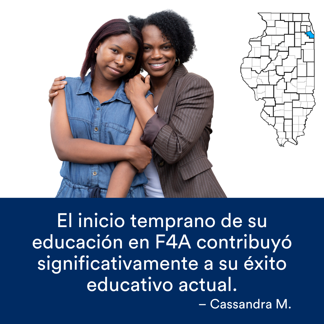 Una madre abrazando a su hija adolescente. Una cita de la historia se encuentra al final. El mapa de Illinois con una región resaltada en azul está a la derecha.