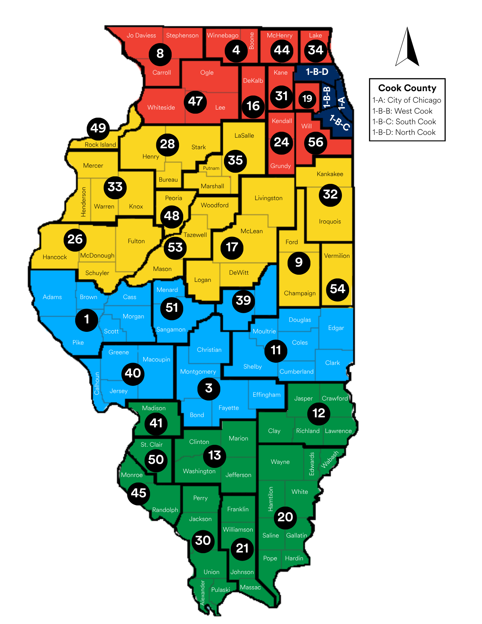 A map of Illinois with the State split into different colors to visual show the difference between the Cook, Northern, North Central, South Central, and Southern Regions.
