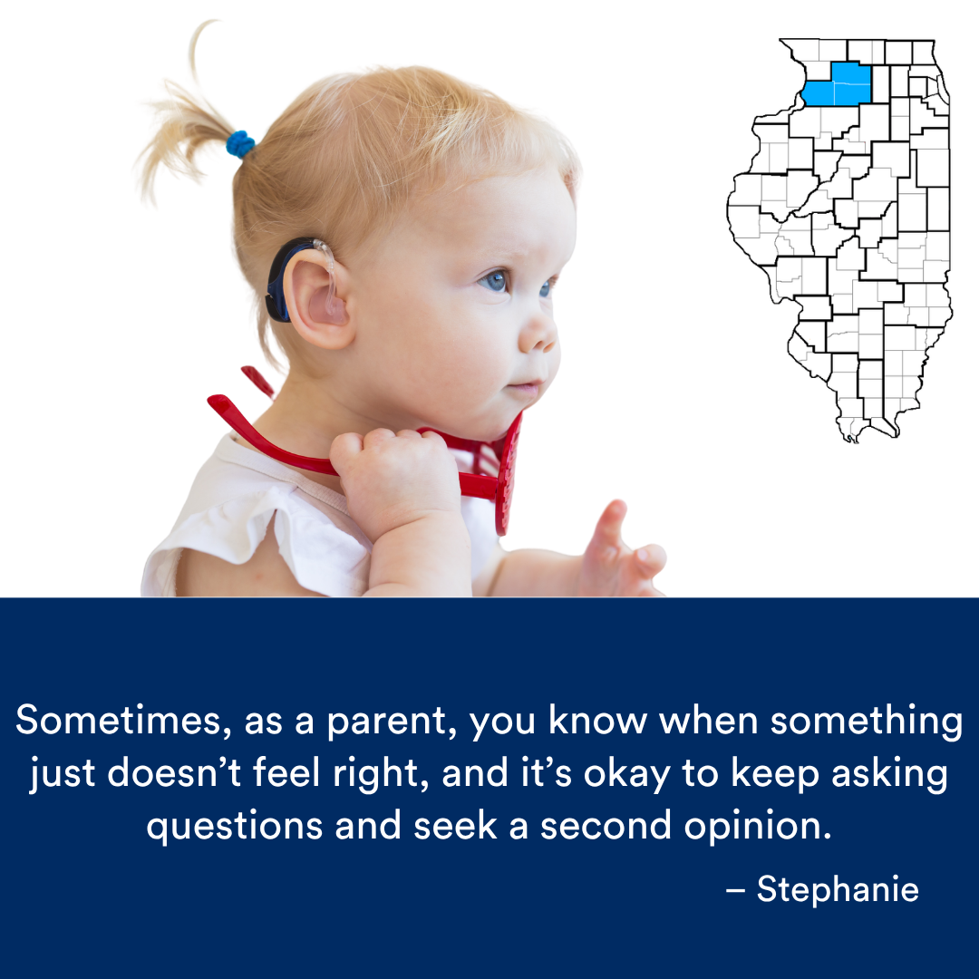 A child with a hearing aid smiling. A quote from the story is at the bottom. The Illinois map with a Region highlighted in blue is to the right.