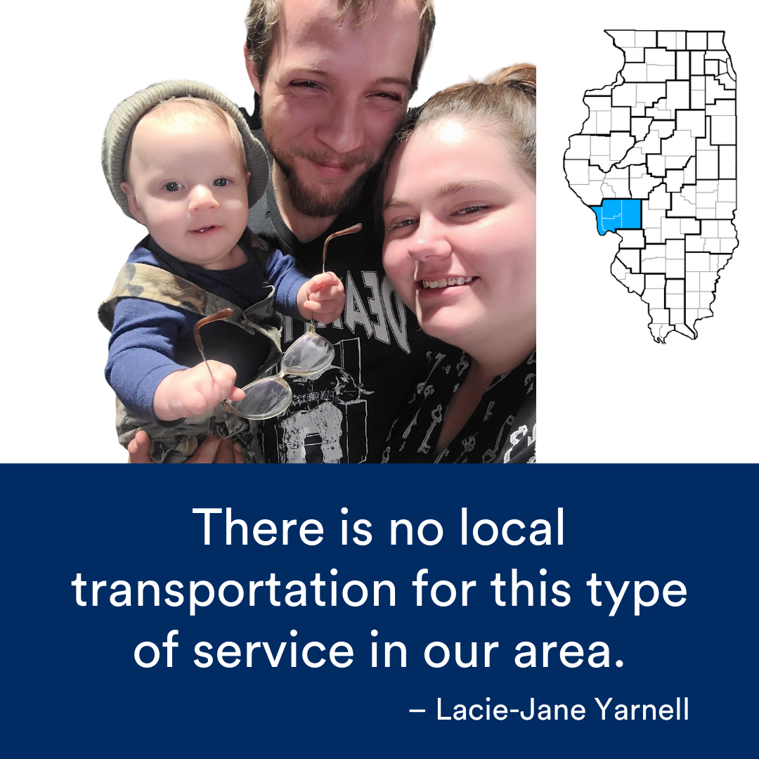 A photo of two parents smiling while holding their son. A quote from the story is at the bottom. The Illinois map with a Region highlighted in blue is to the right.