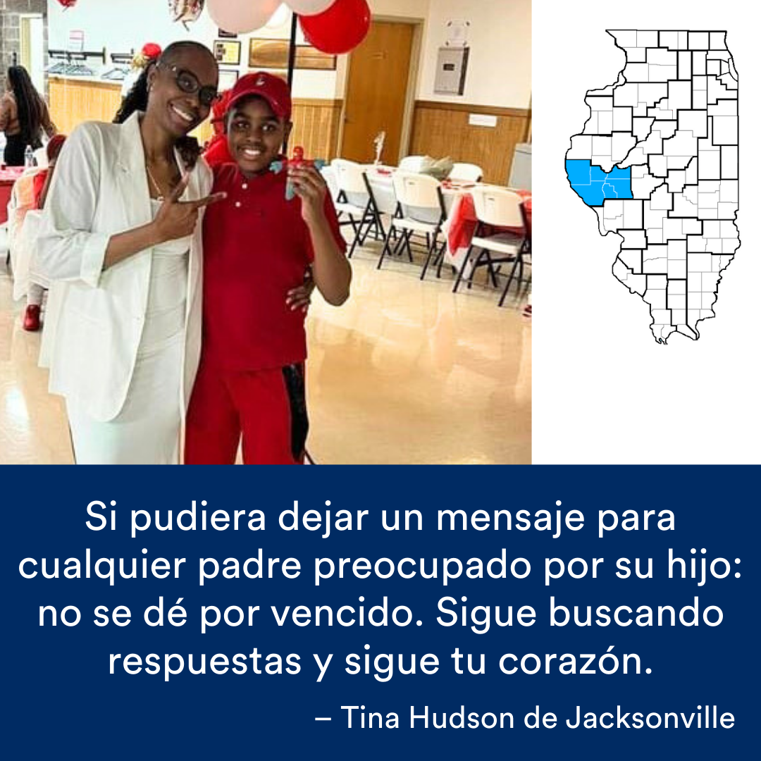 Una madre señala a su hijo mientras ambos sonríen y posan juntos para una foto. Una cita de la historia se encuentra al final. El mapa de Illinois con una región resaltada en azul está a la derecha.