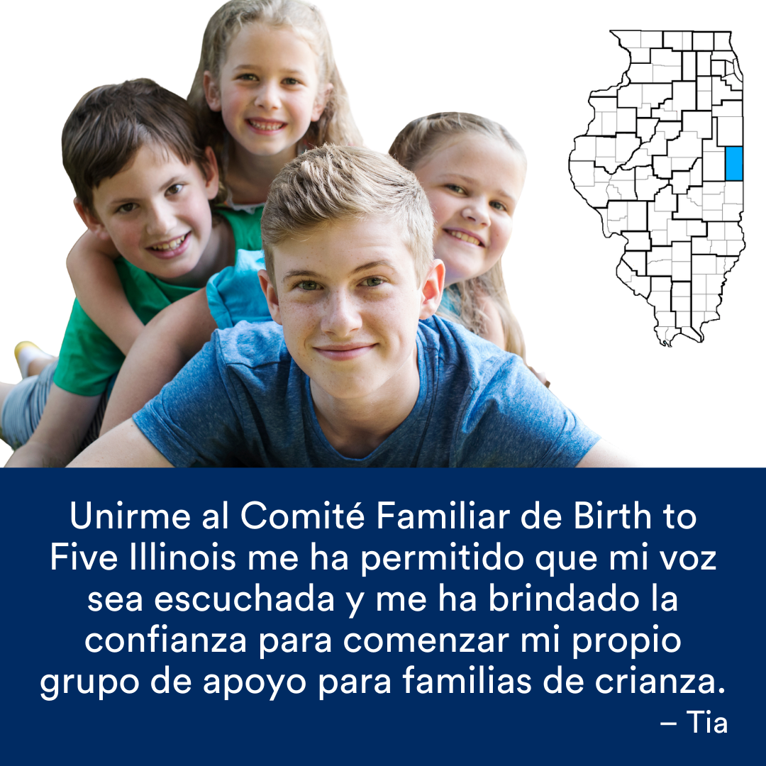Una fotografía de cuatro niños sonrientes. Una cita de la historia se encuentra al final. El mapa de Illinois con una región resaltada en azul está a la derecha.