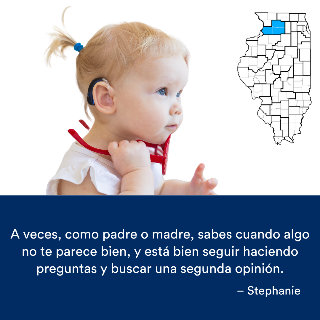 Una niña con un audífono sonriendo. Una cita de la historia se encuentra al final. El mapa de Illinois con una región resaltada en azul está a la derecha.