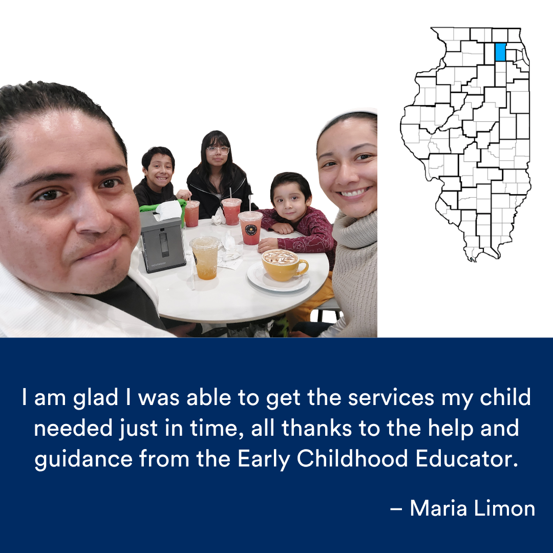 A family of five at a restaurant. A quote from the story is at the bottom. The Illinois map with a Region highlighted in blue is to the right.