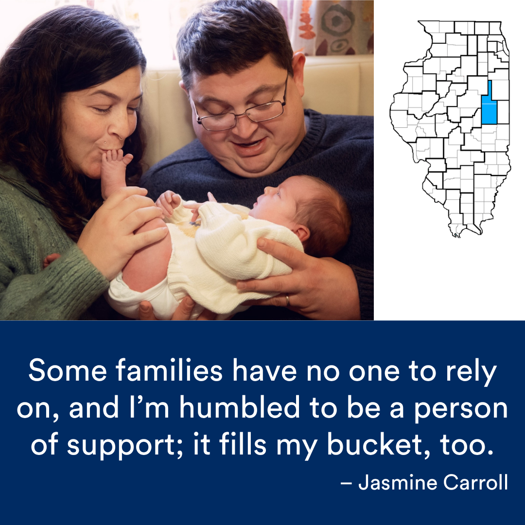 A couple holding an infant. A quote from the story is at the bottom. The Illinois map with a Region highlighted in blue is to the right.