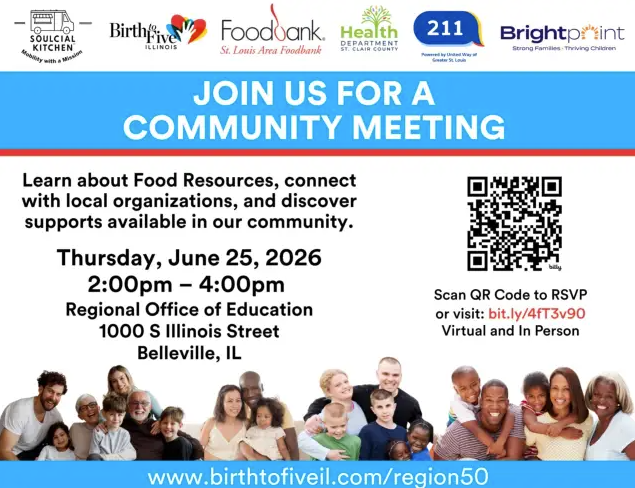 Flyer that says "Join us for a community meeting" on June 25, 2026 with information on how to register.