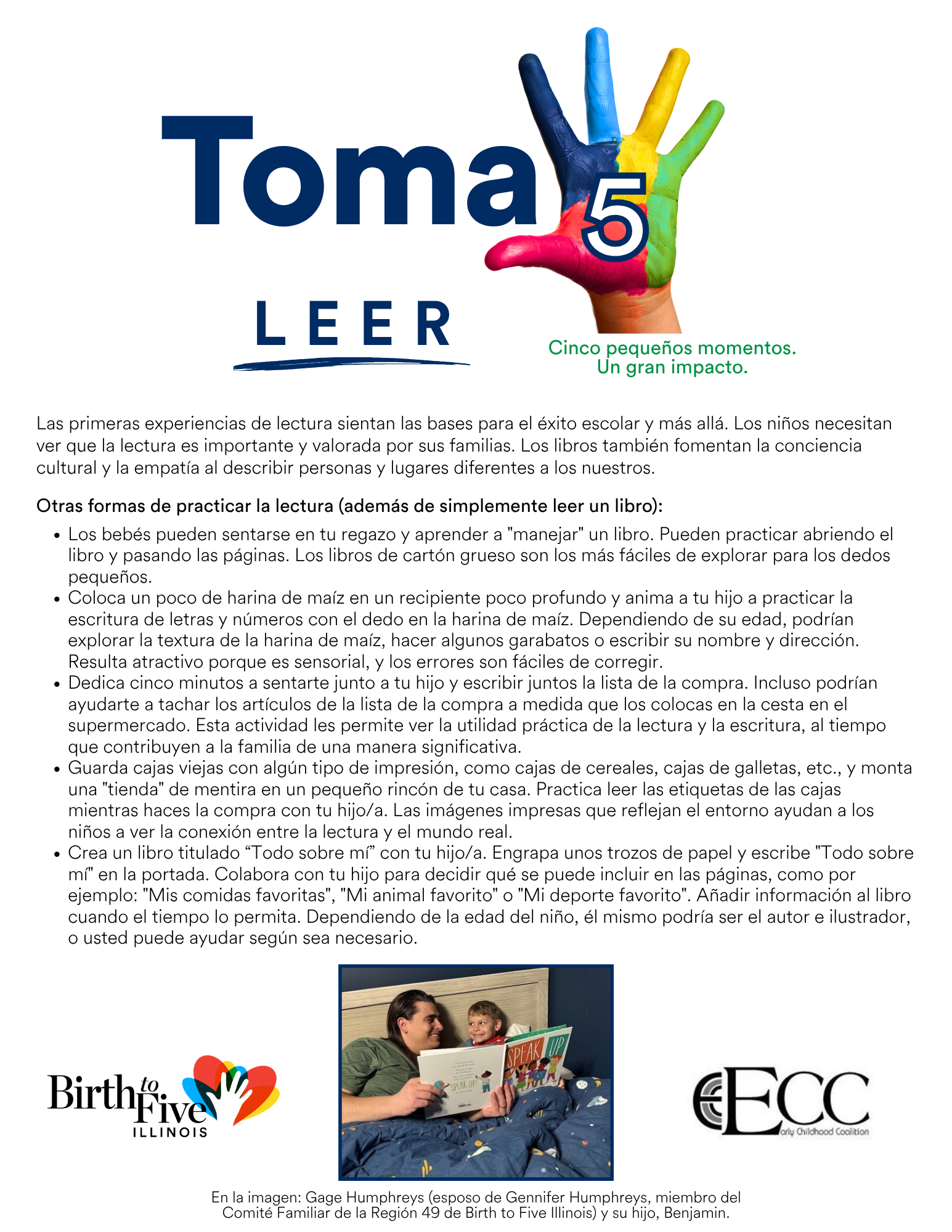 Imagen del folleto Toma 5: Leer, con ejemplos de cómo los cuidadores pueden dedicar 5 minutos a leer con sus hijos.