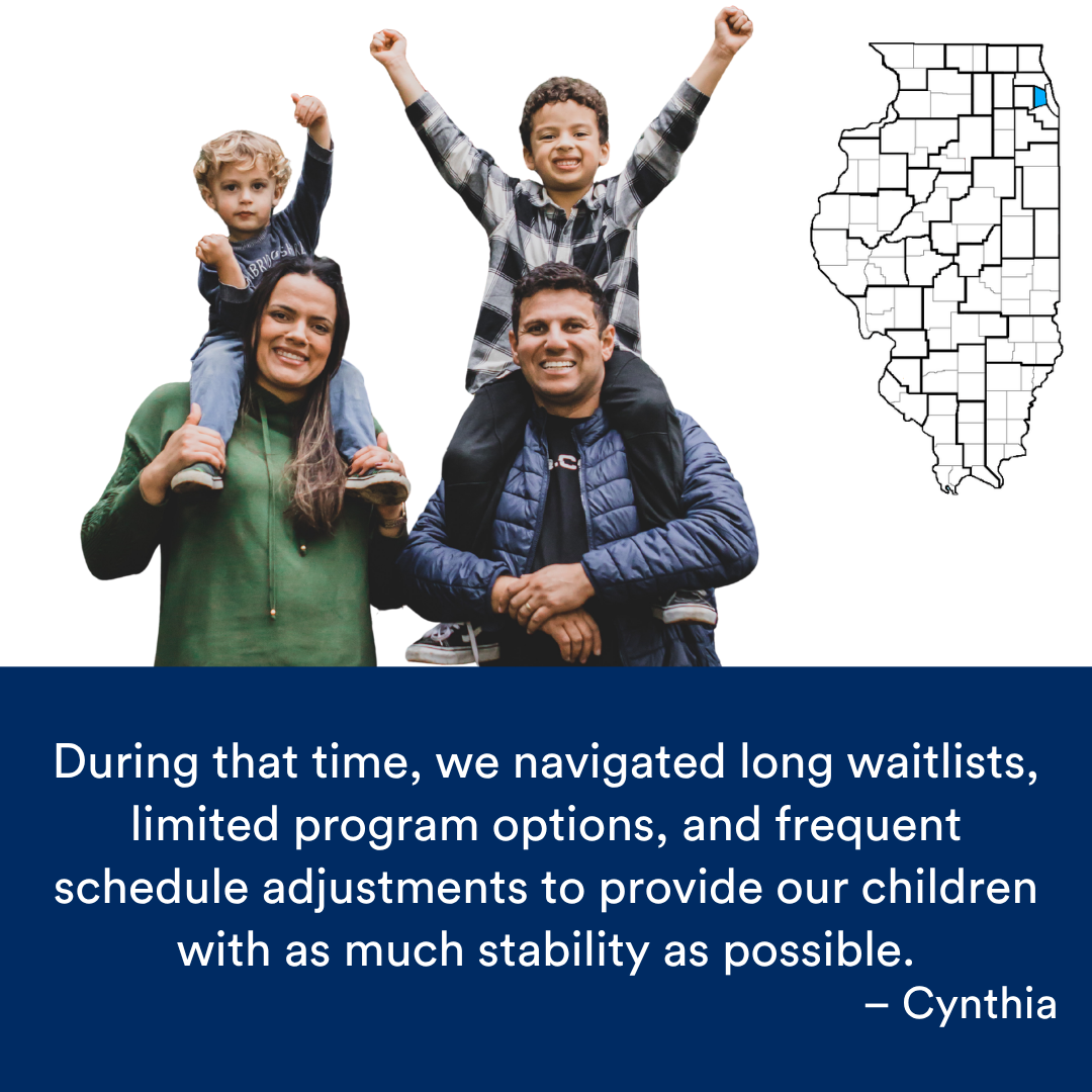 A family of four smiling. A quote from the story is at the bottom. The Illinois map with a Region highlighted in blue is to the right.