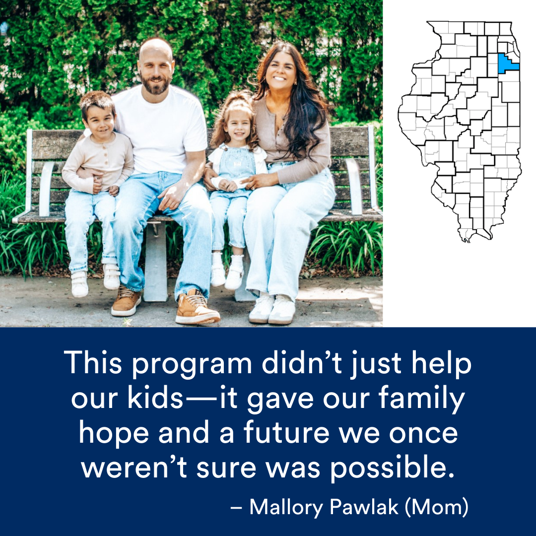 A family of four is smiling and sitting on a bench. A quote from the story is at the bottom. The Illinois map with a Region highlighted in blue is to the right.