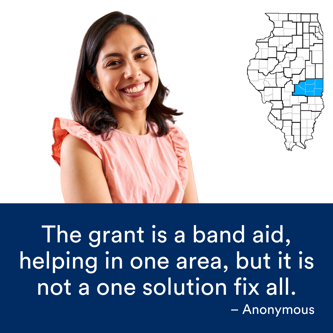 A professional in a pink shirt smiles at the camera. A quote from the story is at the bottom. The Illinois map with a Region highlighted in blue is to the right.