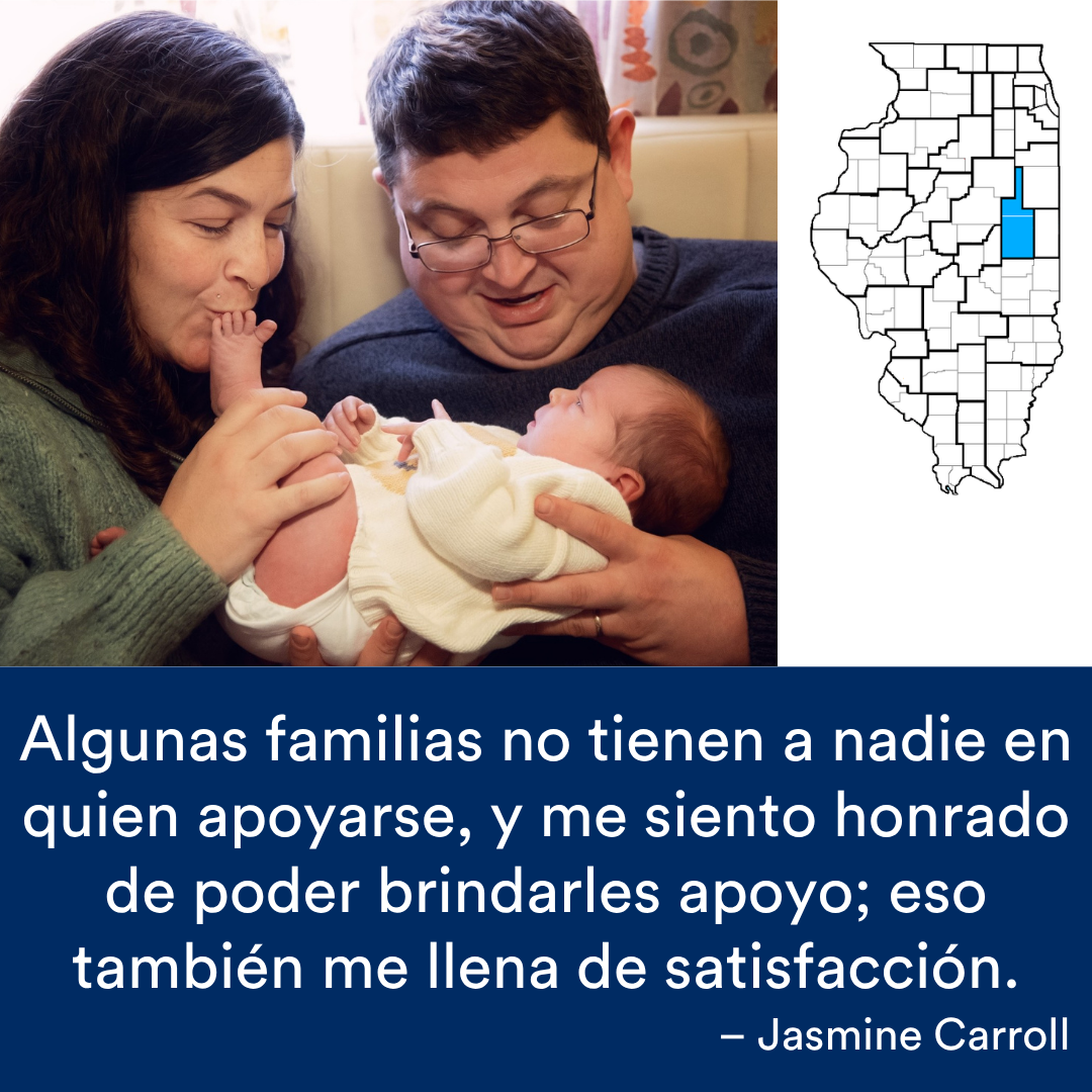 Dos personas sostienen un infantil. Una cita de la historia se encuentra al final. El mapa de Illinois con una región resaltada en azul está a la derecha.